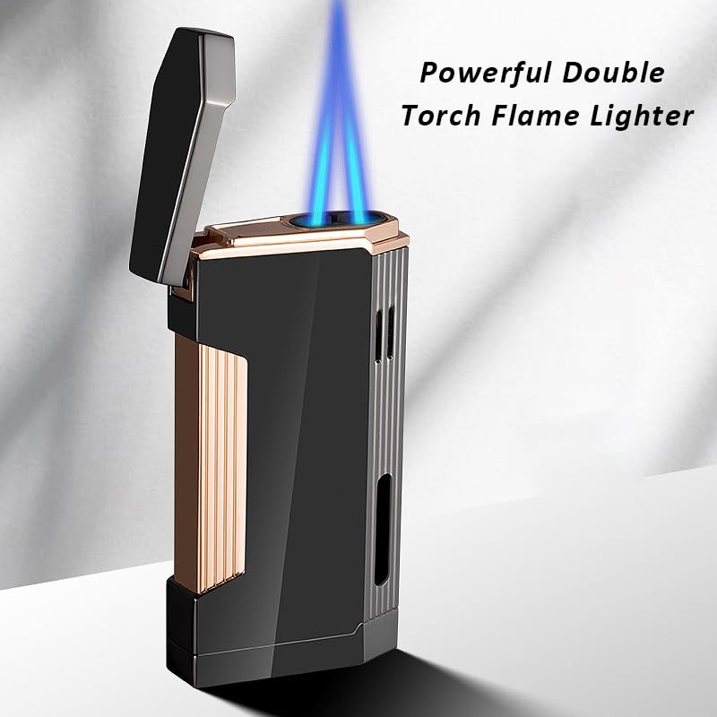 Malisseladi Torch Lighter Double Jet Flame Butane Refillable Gas Windproof Lighters with Gas Window Cool Pipe Lighters Unique Gifts for Family Friend Men (Rose Gold) - Image 2