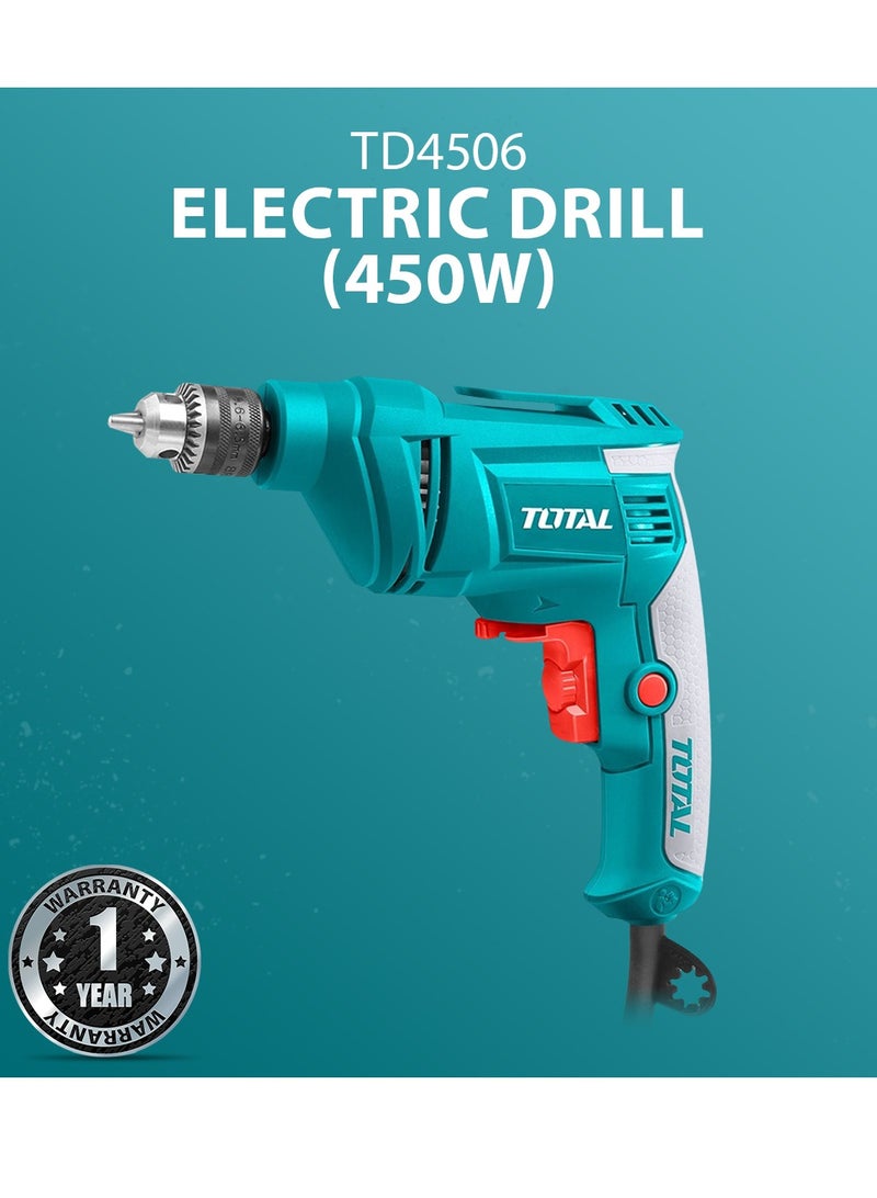 TOTAL TD4506 Electric Drill 450W Variable Speed Power Drill Machine with Forward Reverse Rotation, Lock-On Switch, Soft Grip Handle and 6.5mm Chuck for Wood, Metal and Home DIY Drilling Work - Image 1