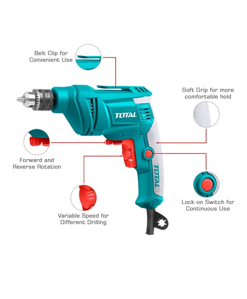 TOTAL TD4506 Electric Drill 450W Variable Speed Power Drill Machine with Forward Reverse Rotation, Lock-On Switch, Soft Grip Handle and 6.5mm Chuck for Wood, Metal and Home DIY Drilling Work - Image 2