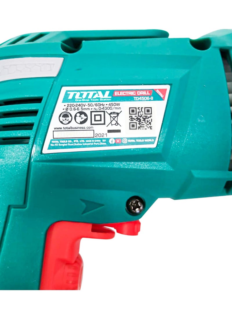 TOTAL TD4506 Electric Drill 450W Variable Speed Power Drill Machine with Forward Reverse Rotation, Lock-On Switch, Soft Grip Handle and 6.5mm Chuck for Wood, Metal and Home DIY Drilling Work - Image 4