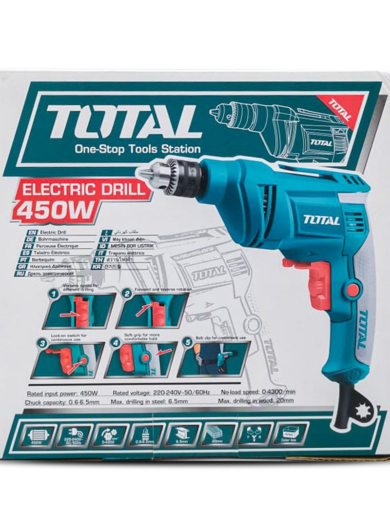 TOTAL TD4506 Electric Drill 450W Variable Speed Power Drill Machine with Forward Reverse Rotation, Lock-On Switch, Soft Grip Handle and 6.5mm Chuck for Wood, Metal and Home DIY Drilling Work - Image 5