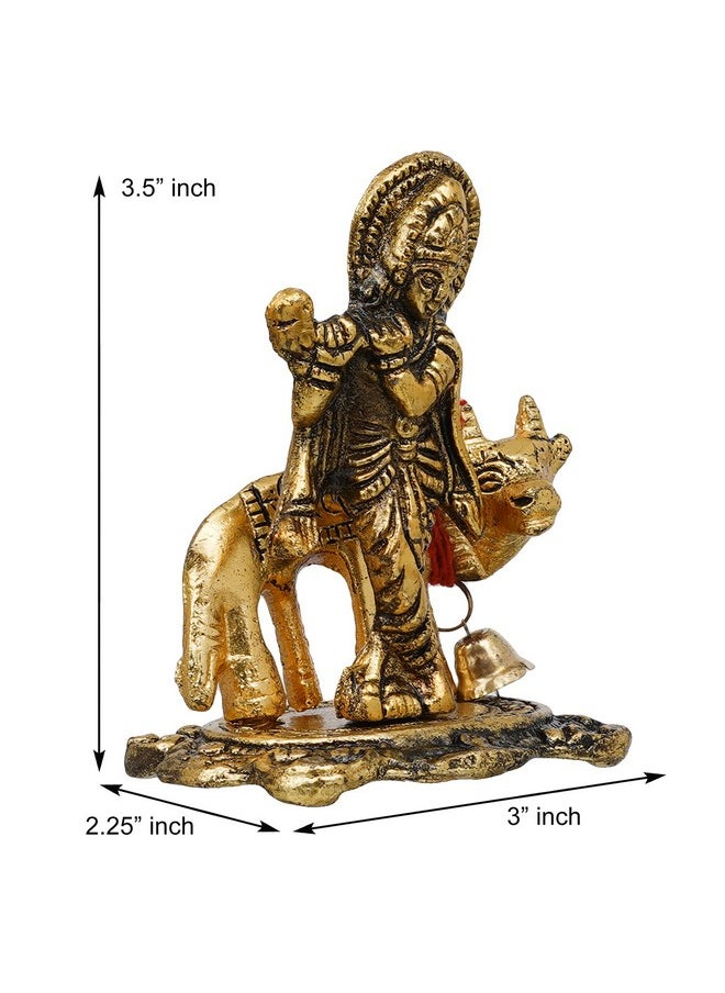 Webelkart Webelkart Premium Metal Lord Krishna Playing Flute On Kamdhenu Cow Idol Statue Murti Hindu God Religious Idol Krishan Showpiece Figurine for Home Puja Gifts Decor| Diwali Gift Item (Gold, 3.5 Inches  - Image 4