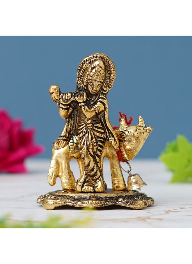 Webelkart Webelkart Premium Metal Lord Krishna Playing Flute On Kamdhenu Cow Idol Statue Murti Hindu God Religious Idol Krishan Showpiece Figurine for Home Puja Gifts Decor| Diwali Gift Item (Gold, 3.5 Inches  - Image 1