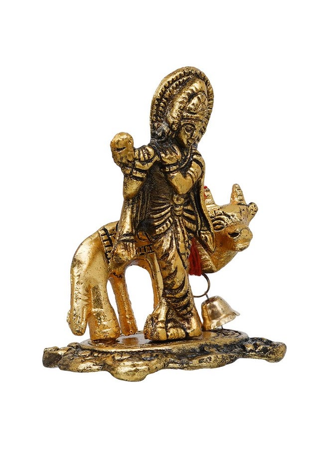Webelkart Webelkart Premium Metal Lord Krishna Playing Flute On Kamdhenu Cow Idol Statue Murti Hindu God Religious Idol Krishan Showpiece Figurine for Home Puja Gifts Decor| Diwali Gift Item (Gold, 3.5 Inches  - Image 3