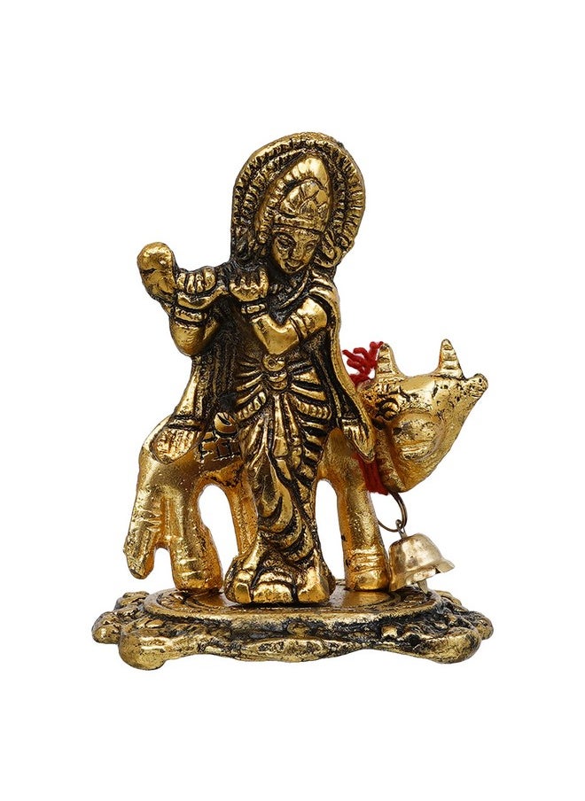 Webelkart Webelkart Premium Metal Lord Krishna Playing Flute On Kamdhenu Cow Idol Statue Murti Hindu God Religious Idol Krishan Showpiece Figurine for Home Puja Gifts Decor| Diwali Gift Item (Gold, 3.5 Inches  - Image 2