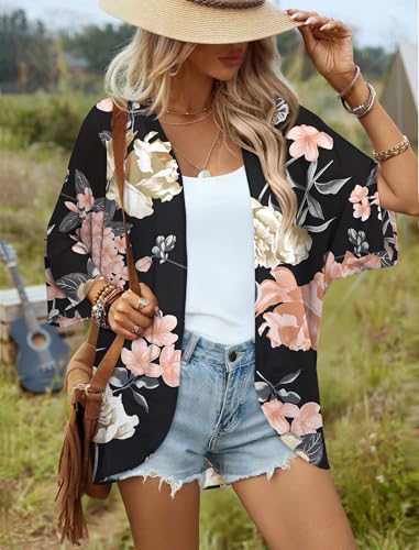 BB&KK Women's Chiffon Floral Kimono Cover Ups Tops Summer Lightweight Sheer Thin Cardigans Beach Boho Hawaiian Shirts Black Small - Image 2