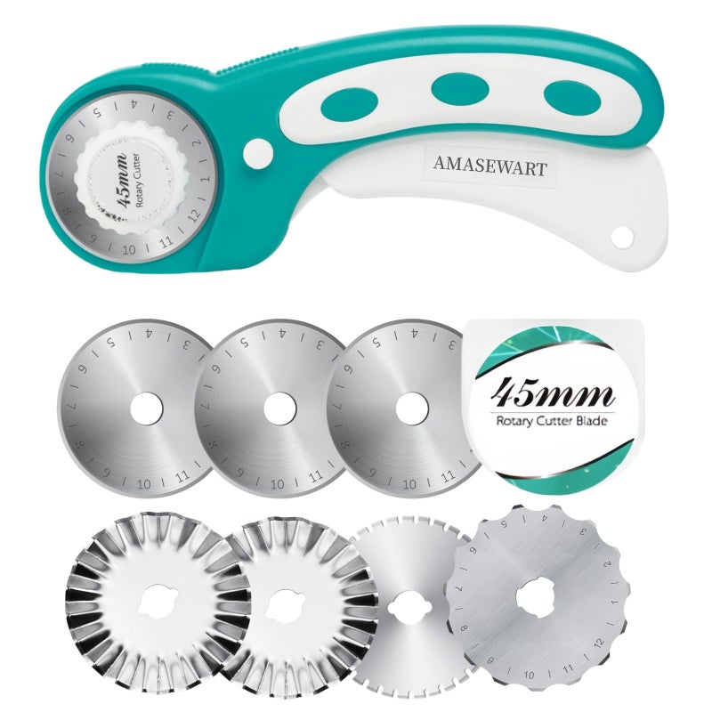 AMASEWART 45mm Rotary Cutter for Fabric with 8pcs Rotary Blades, Rolling Fabric Cutter Crochet Edge Skip Stitch Blade Perforating Rotary Blade, Pinking Rotary Cutter for Quilting Crafts Sewing - Image 1