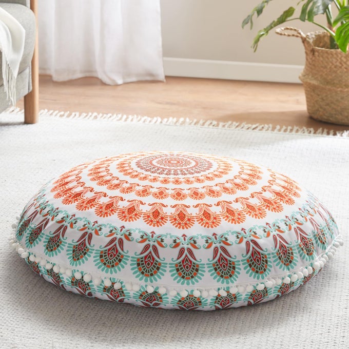 MEDITATION FLOOR PILLOW ROUND LARGE PILLOWS SEATING FOR ADULTS BOHEMIAN MANDALA CIRCLE CUSHION FOR OUTDOOR FIREPLACE YOGA LIVING ROOM 32 INCH MEMORY FOAM ADDED CORAL