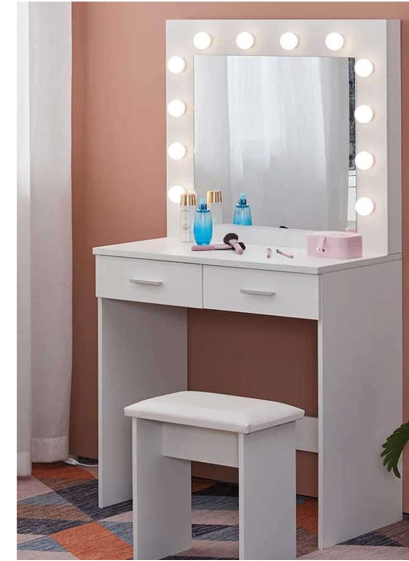 KARNAK Karnak Sophia Dressing Table with Mirror – Hollywood-Style Vanity Desk with 12 LED Bulbs, 2 Drawers & Cushioned Stool – Adjustable Light Modes – 140 x 80 x 40 cm  - Image 1