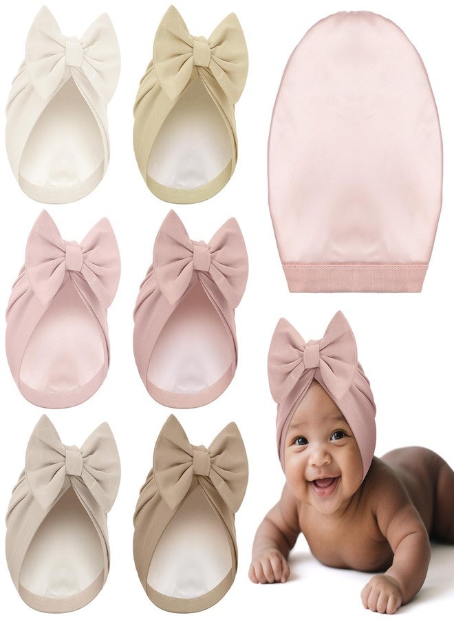 Bunnycool 6 Pcs Newborn Satin Bonnet for 0-6 Months Silky Satin Lined Stretchy Baby Turban Hats with Bow for Infant Toddler(Soft Neutral) - Image 1
