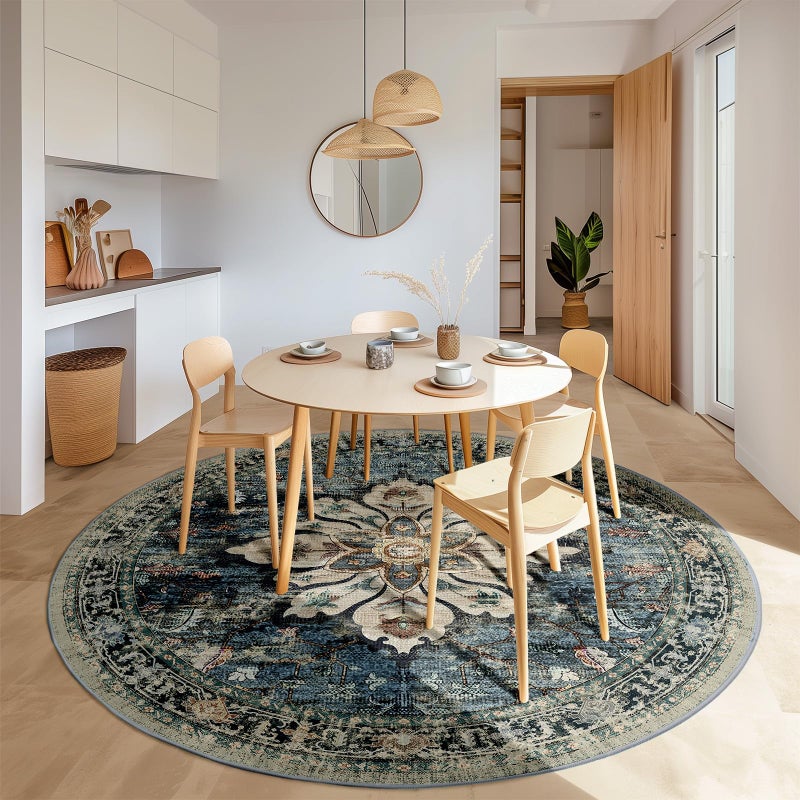RELEANY 6ft Round Rug  Area Rugs 6ft  Washable Rug  Non-Slip  Rugs for Living Room  Rugs for Bedroom  Circle Rug  Vintage Rugs Boho Floral Medallion  Low Pile  Soft  Blue Navy Beige Gray - Image 3