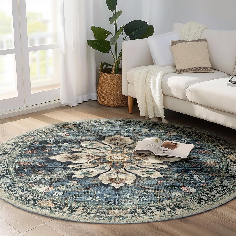 RELEANY 6ft Round Rug  Area Rugs 6ft  Washable Rug  Non-Slip  Rugs for Living Room  Rugs for Bedroom  Circle Rug  Vintage Rugs Boho Floral Medallion  Low Pile  Soft  Blue Navy Beige Gray - Image 4