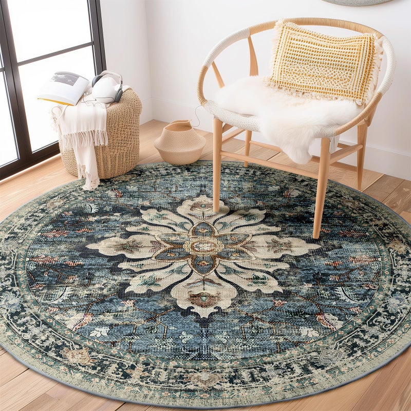 RELEANY 6ft Round Rug  Area Rugs 6ft  Washable Rug  Non-Slip  Rugs for Living Room  Rugs for Bedroom  Circle Rug  Vintage Rugs Boho Floral Medallion  Low Pile  Soft  Blue Navy Beige Gray - Image 1