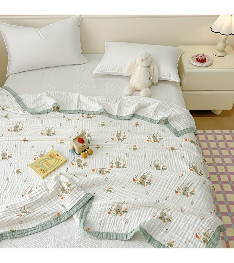 Green Hare Trail Cotton Gauze Quilt Summer Cool Thin Blanket Breathable Bubble Gauze Muslin Wrap Bedding Air Conditioning Quilt for Hot Sleepers 78 74 by 86 61 Inches - Image 2