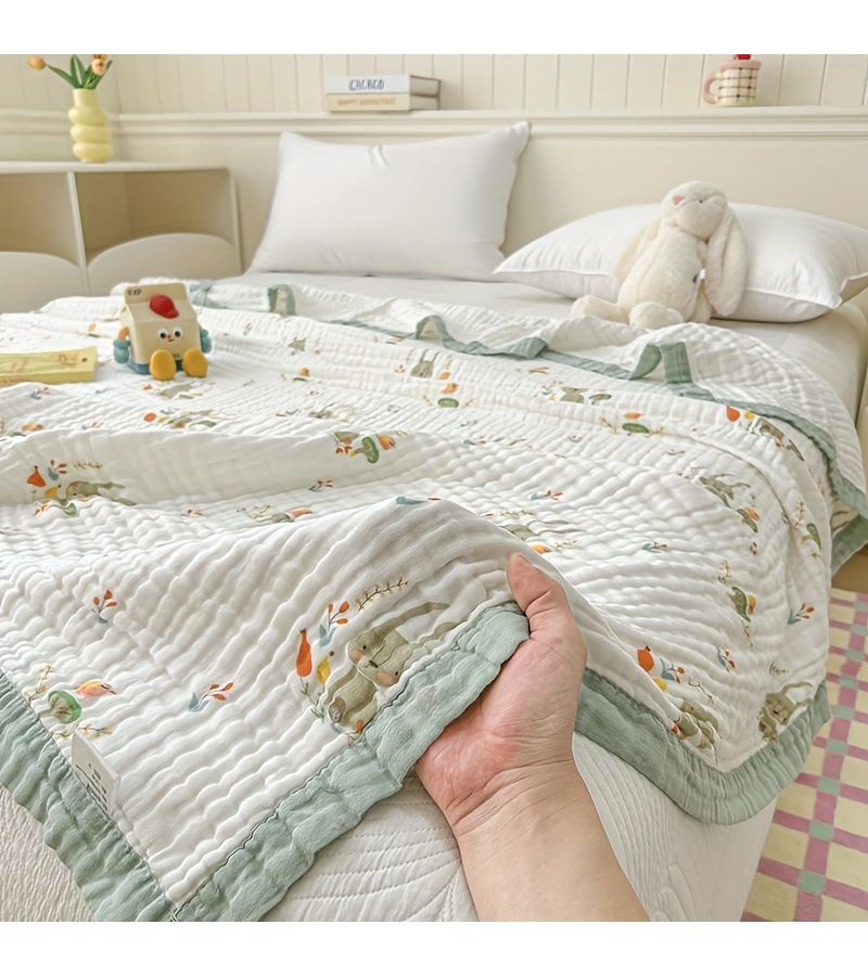 Green Hare Trail Cotton Gauze Quilt Summer Cool Thin Blanket Breathable Bubble Gauze Muslin Wrap Bedding Air Conditioning Quilt for Hot Sleepers 78 74 by 86 61 Inches - Image 1