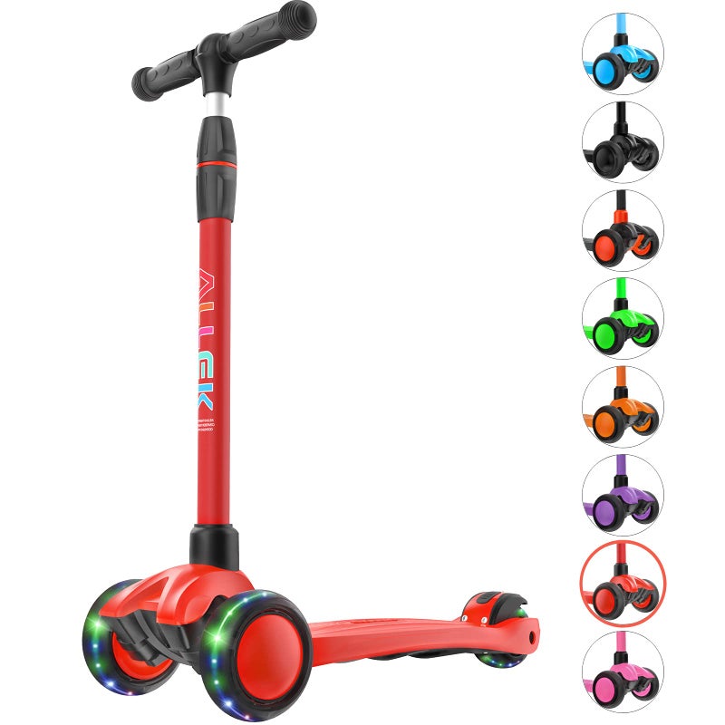 Allek Kick Scooter B03 Lean N Glide 3Wheeled Push Scooter with Extra Wide PU LightUp Wheels Any Height Adjustable Handlebar and Strong Thick Deck for Children from 312yrs Red