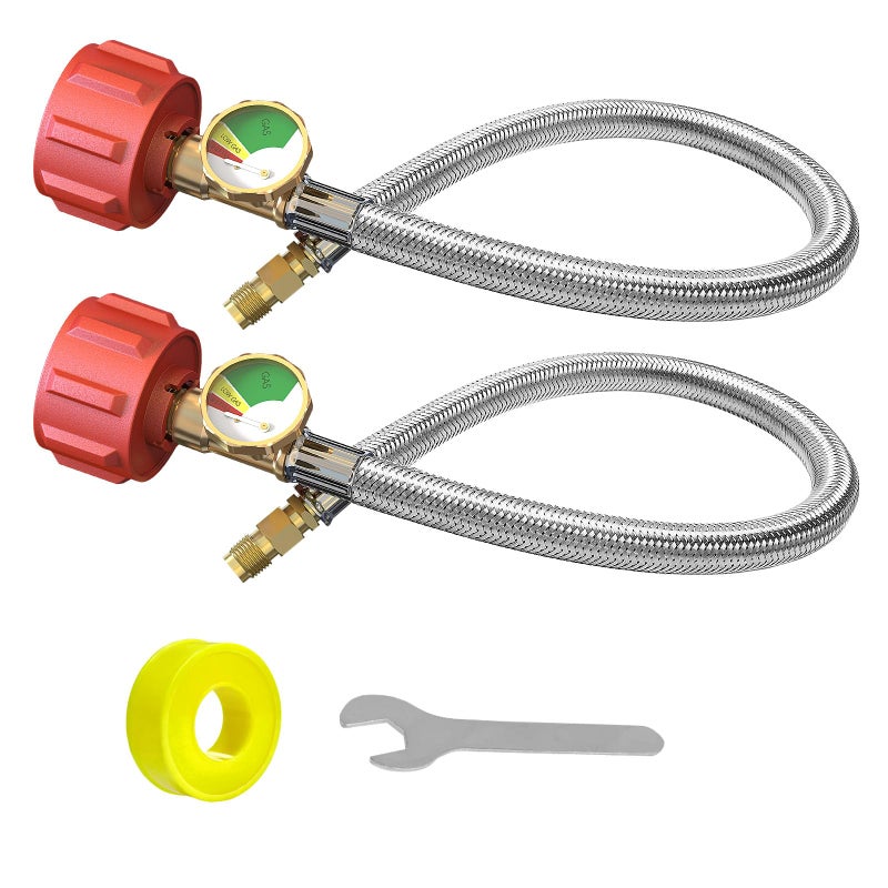 MEFUN 2 PCS RV Propane Hose with Gauge 18 Inch Stainless Steel Braided Camper Tank Hose Rv lp Gas Hoses Connector for Standard 2 Stage Propane Regulator 40Lb tank with 1/4" Inverted Male Flare/QCC1 Fitting - Image 1