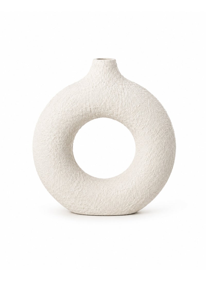BAMBOO DECOR Decorative Vase, Off-White Textured Round Donut Vase with Open Center, Sculptural Wabi-Sabi Table Decor, Modern Minimalist Accent for Living Room, Console, Shelf & Entryway - Image 1