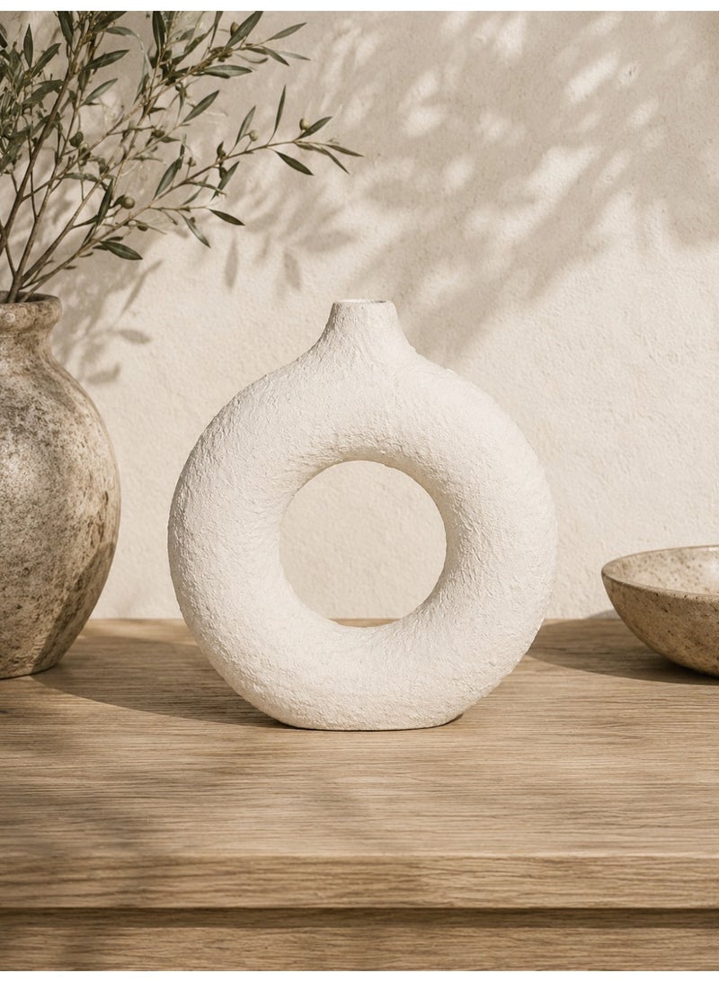 BAMBOO DECOR Decorative Vase, Off-White Textured Round Donut Vase with Open Center, Sculptural Wabi-Sabi Table Decor, Modern Minimalist Accent for Living Room, Console, Shelf & Entryway - Image 4