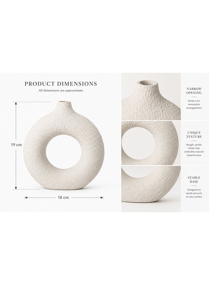 BAMBOO DECOR Decorative Vase, Off-White Textured Round Donut Vase with Open Center, Sculptural Wabi-Sabi Table Decor, Modern Minimalist Accent for Living Room, Console, Shelf & Entryway - Image 2