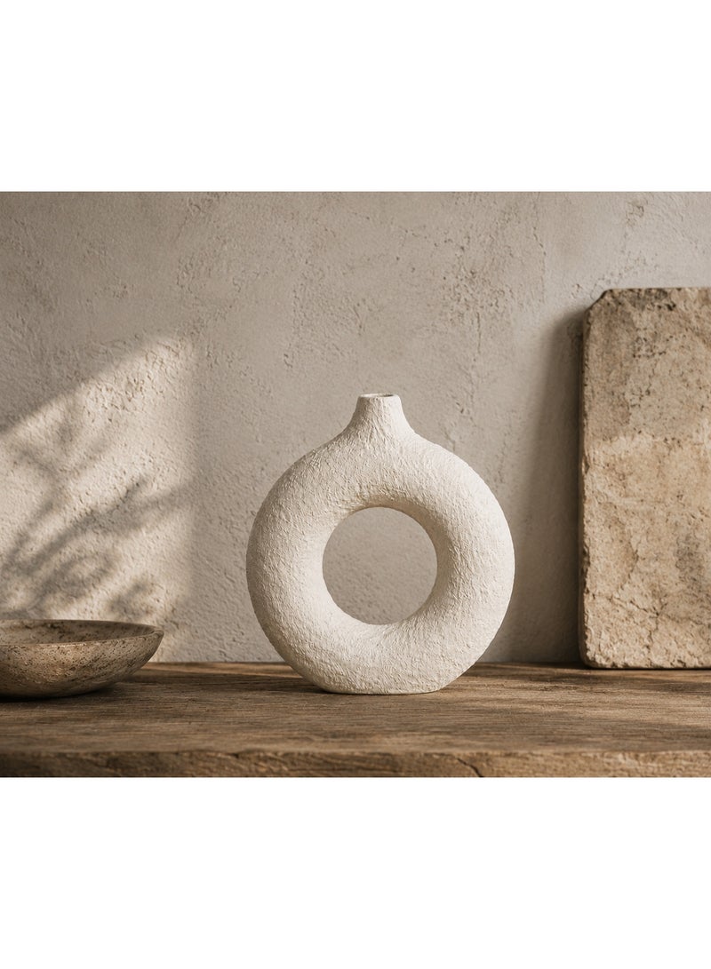 BAMBOO DECOR Decorative Vase, Off-White Textured Round Donut Vase with Open Center, Sculptural Wabi-Sabi Table Decor, Modern Minimalist Accent for Living Room, Console, Shelf & Entryway - Image 3