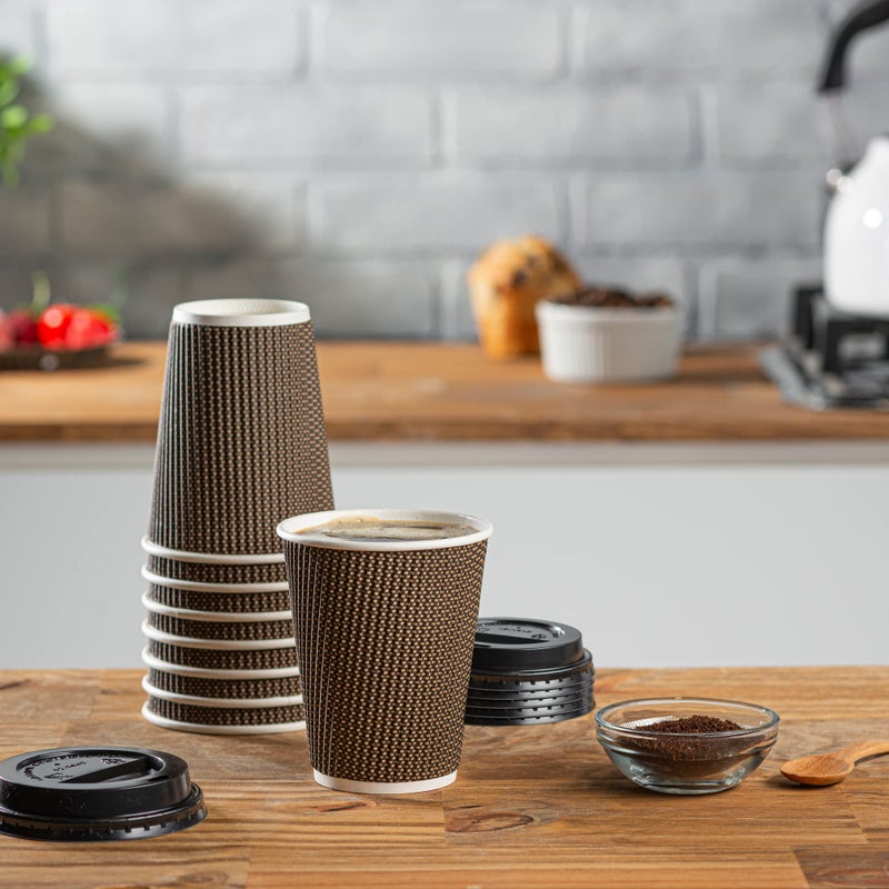 Gusto [12 oz. - 50 Sets] Insulated Brown Patterned Ripple Paper Hot Coffee Cups With Lids (Lids Color May Vary) - Ideal for Hot Beverages  Travel  and Office Use - Image 3