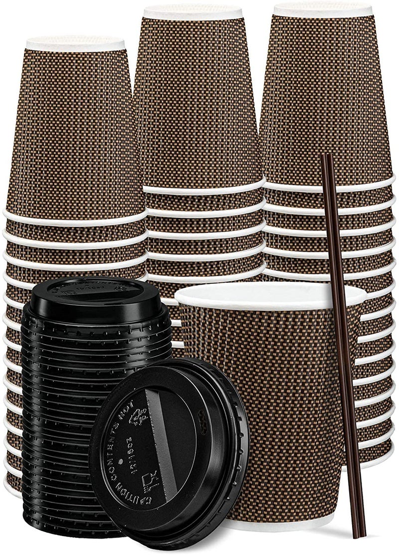 Gusto [12 oz. - 50 Sets] Insulated Brown Patterned Ripple Paper Hot Coffee Cups With Lids (Lids Color May Vary) - Ideal for Hot Beverages  Travel  and Office Use - Image 2