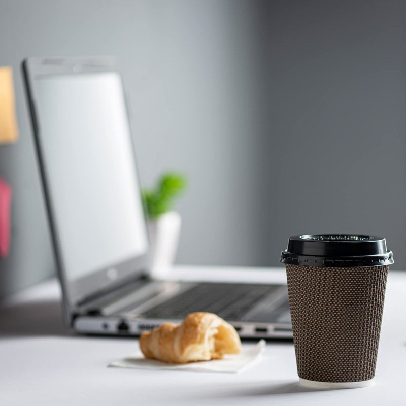 Gusto [12 oz. - 50 Sets] Insulated Brown Patterned Ripple Paper Hot Coffee Cups With Lids (Lids Color May Vary) - Ideal for Hot Beverages  Travel  and Office Use - Image 5