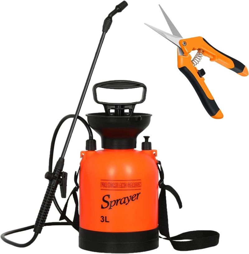 iPower 08 Gallon Lawn Garden Pump Sprayer Adjustable Shoulder Strap Pressure Relief Valve with 65 Inch Hand Pruner Combo Stainless Steel Blades Orange