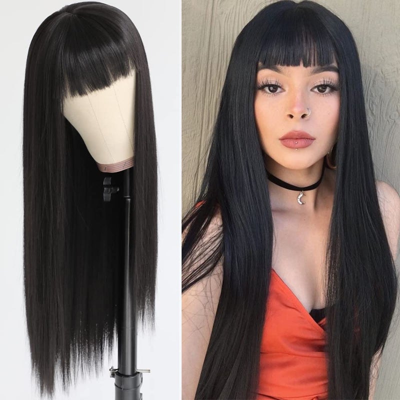 QDTizer Black Color Synthetic Hair Wigs with Full Bangs Long Straight Wig Natural Soft Hair Heat Resistant Synthetic No Lace Wigs for Women 24 inch
