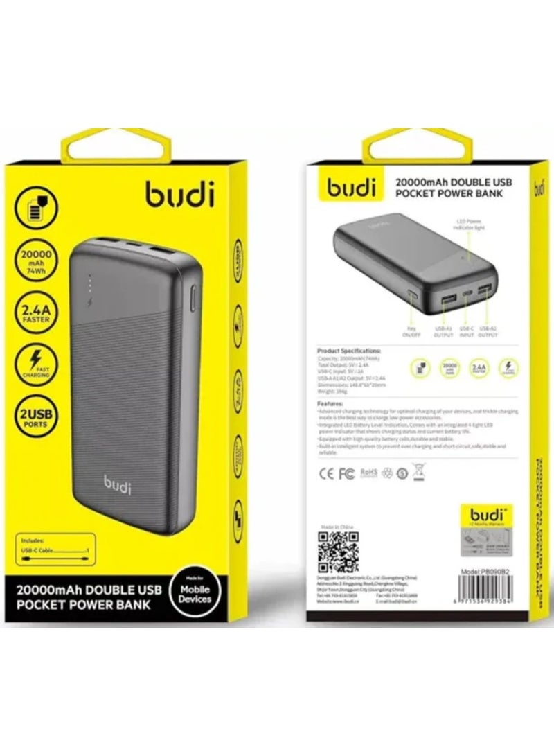 budi بودي 20000 مللي أمبير بنك طاقة محمول مزدوج USB 2.4A – PB090B2 - Image 2