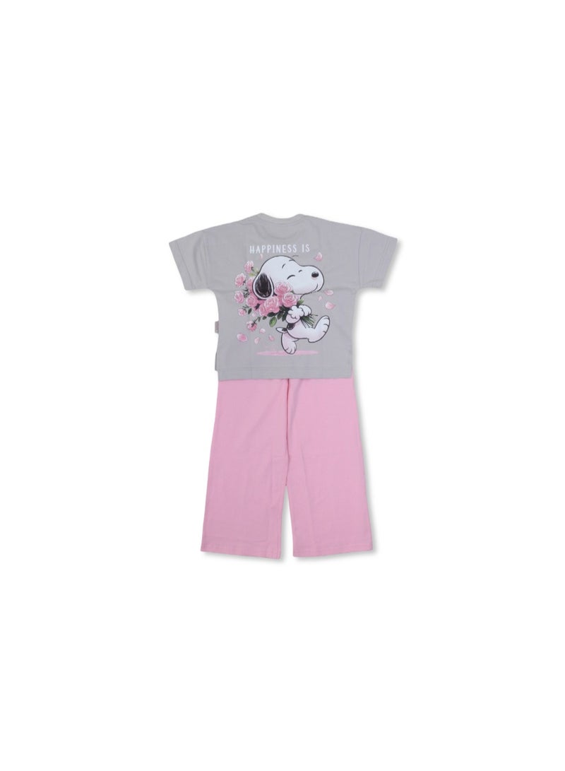 دريم بيجاما قطنية قصيرة الأكمام للبنات - رمادية اللون بطبعة سنوبي - Image 2