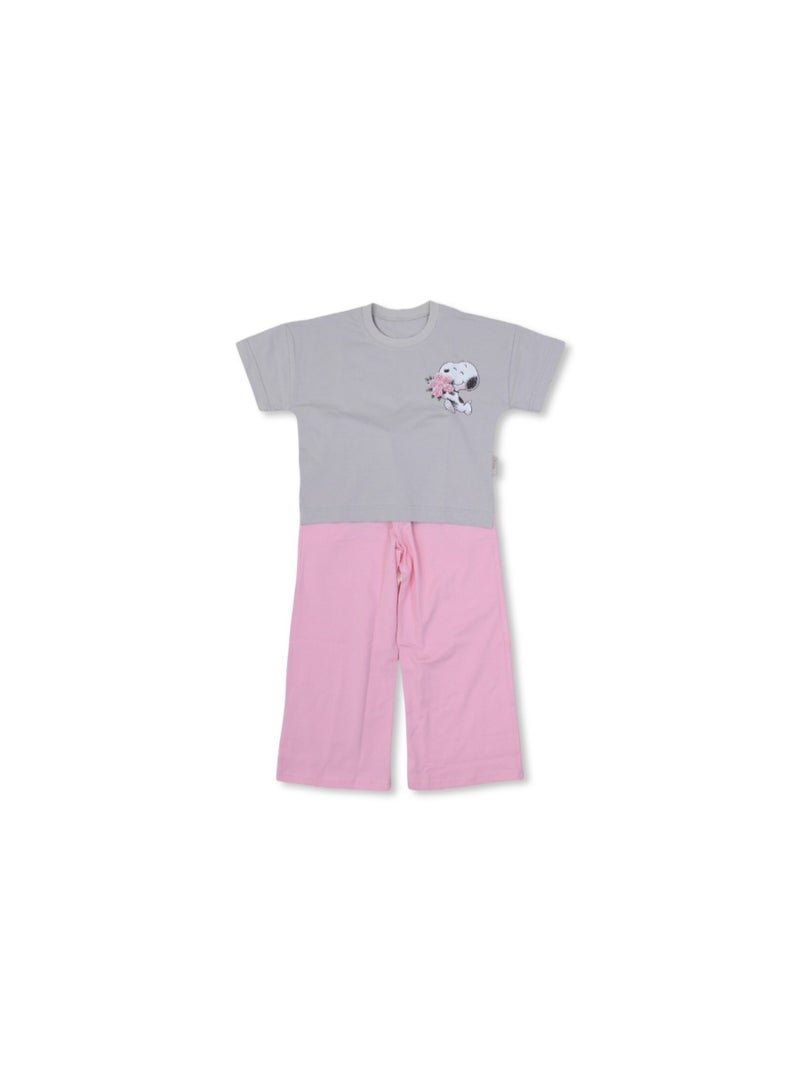 دريم بيجاما قطنية قصيرة الأكمام للبنات - رمادية اللون بطبعة سنوبي - Image 1