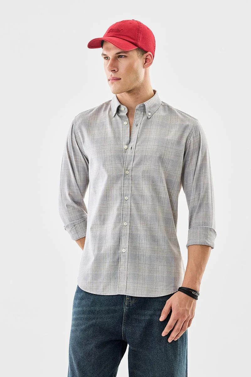 سنيتش Grey Checkered Long Sleeve Slim Fit Shirt