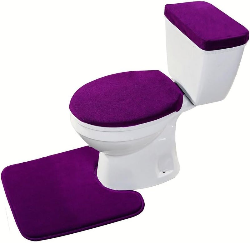 Madeals Memory Foam Toilet Mat and Velvet Toilet lid Cover Set with Toilet Tank Cover Velvet 3 Piece Toilet Set Purple - Image 1