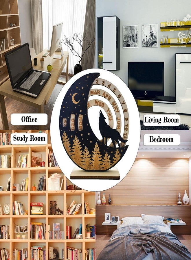 ENCIMART Perpetual Calendar Creative Rotatable Moon Disk Calendar,ENCIMART Desk Calendar,6 Inch Mini Wooden Calendar Desk Decoration,Desk Accessories for Home Office Decor, Reusable Yearly (Wolf) - Image 4
