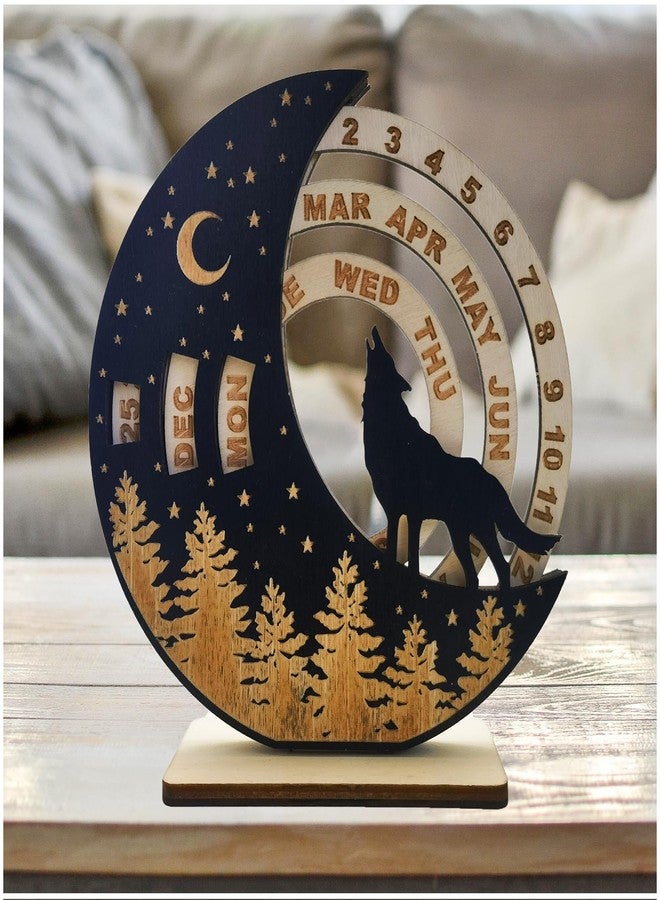 ENCIMART Perpetual Calendar Creative Rotatable Moon Disk Calendar,ENCIMART Desk Calendar,6 Inch Mini Wooden Calendar Desk Decoration,Desk Accessories for Home Office Decor, Reusable Yearly (Wolf) - Image 1