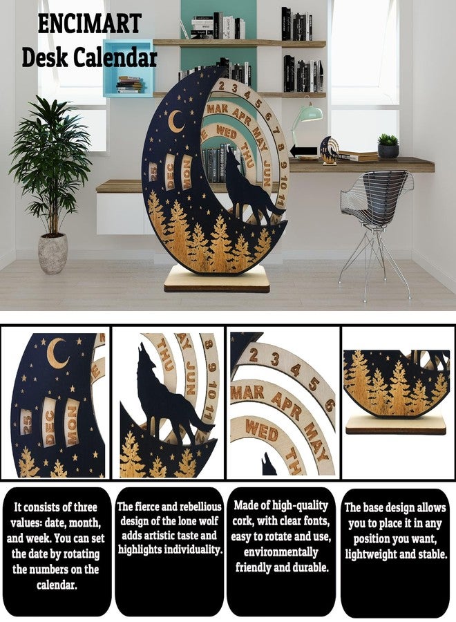 ENCIMART Perpetual Calendar Creative Rotatable Moon Disk Calendar,ENCIMART Desk Calendar,6 Inch Mini Wooden Calendar Desk Decoration,Desk Accessories for Home Office Decor, Reusable Yearly (Wolf) - Image 2