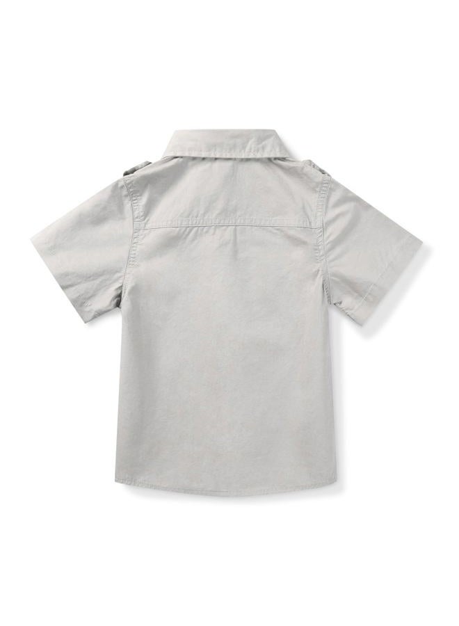 Lartaread Boys Button Down Short Sleeve Shirts Cotton Lightweight Casual Shirts Tops Two Pockets Light Grey-150-9-10 Years - Image 2