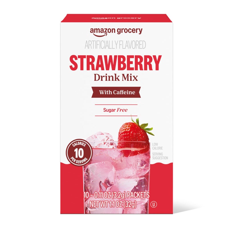 Amazon Grocery, Strawberry Drink Mix with Caffeine, 10 packets, 1.1 Oz (Previously Happy Belly, Packaging May Vary) - Image 1