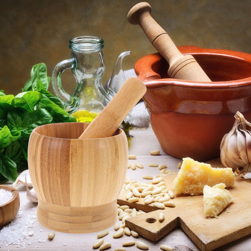 Natural Wood Garlic Crusher Mortar and Pestle Set for Kitchen Spice Grinding - Image 4