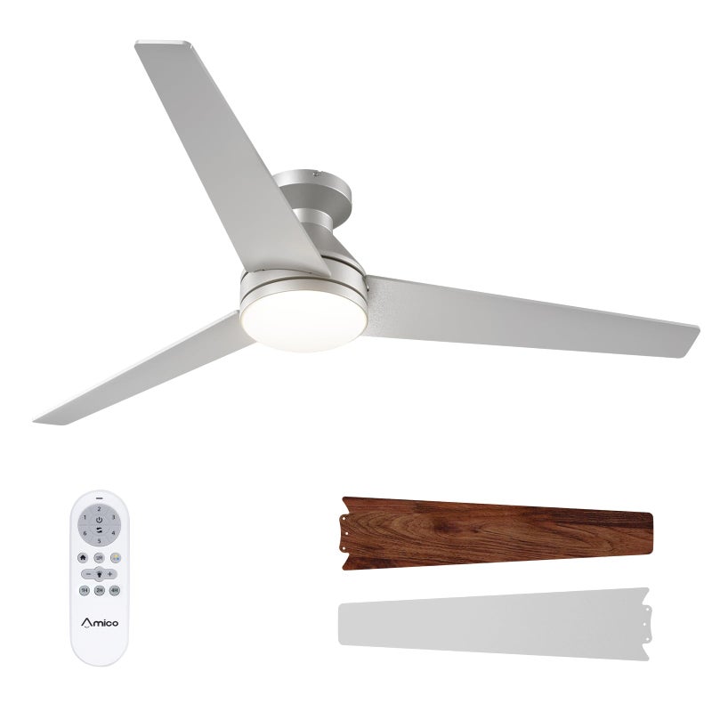 Amico Ceiling Fans with Lights 52 inch Low Profile Ceiling Fan with Light and Remote Control Flush Mount Reversible 3CCT Dimmable Noiseless Silver Ceiling Fan for Bedroom IndoorOutdoor Use