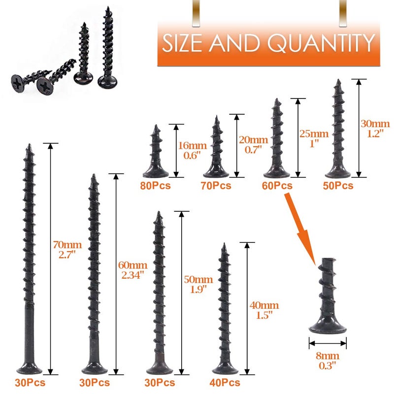 Rustark 390-Pcs #7 Coarse Thread Drywall Screw with Phillips Drive Black Oxide Finsh Bugle Head Wood Screws Assortment Kit Ideal for Drywall Sheetrock - Image 2