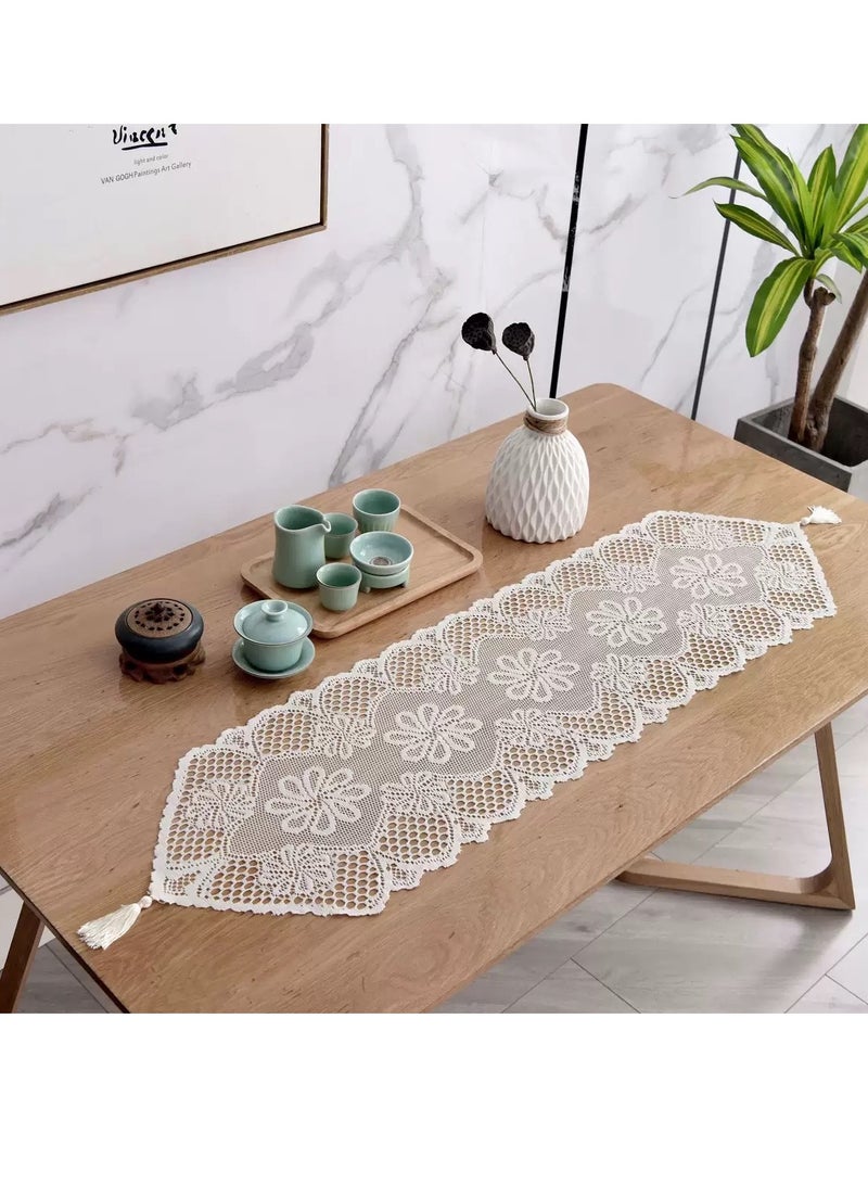 Hollow lace table flag, tablecloth, placemat, dressing table small cushion, home dining table decoration 114 x 33cm (white) - Image 1