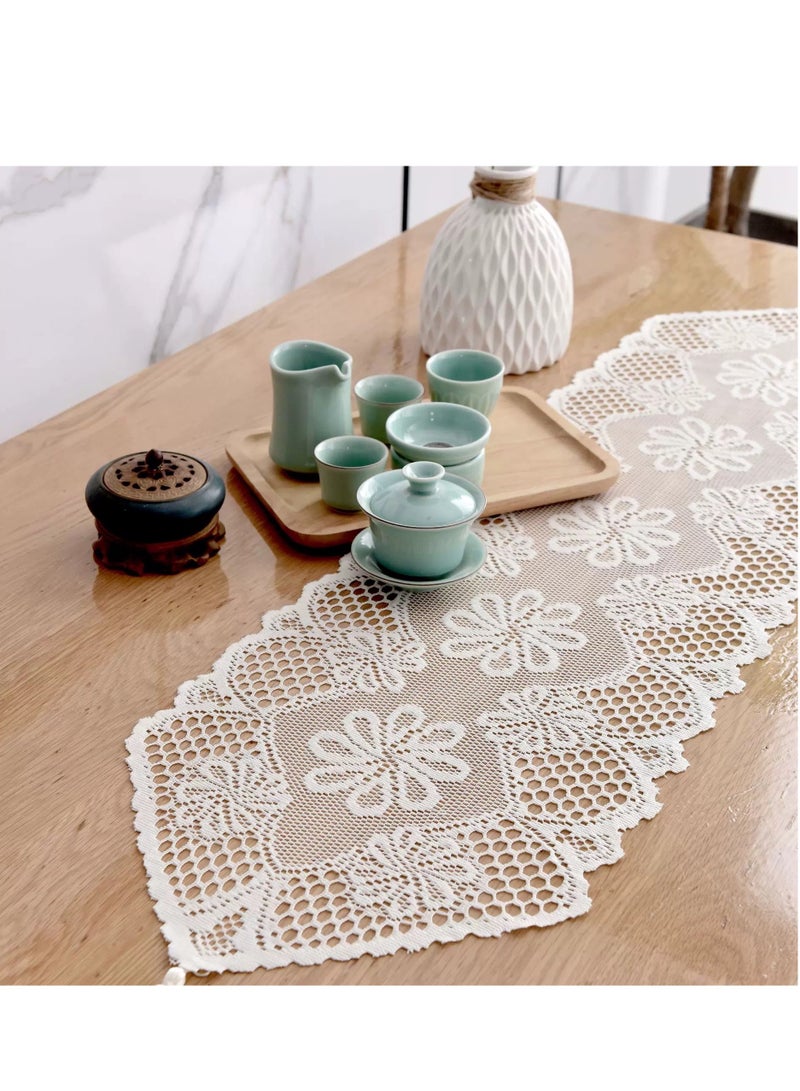 Hollow lace table flag, tablecloth, placemat, dressing table small cushion, home dining table decoration 114 x 33cm (white) - Image 2
