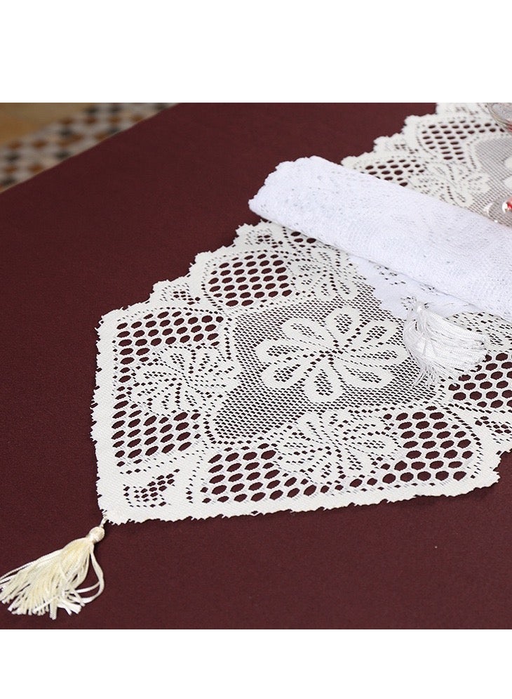 Hollow lace table flag, tablecloth, placemat, dressing table small cushion, home dining table decoration 114 x 33cm (white) - Image 3