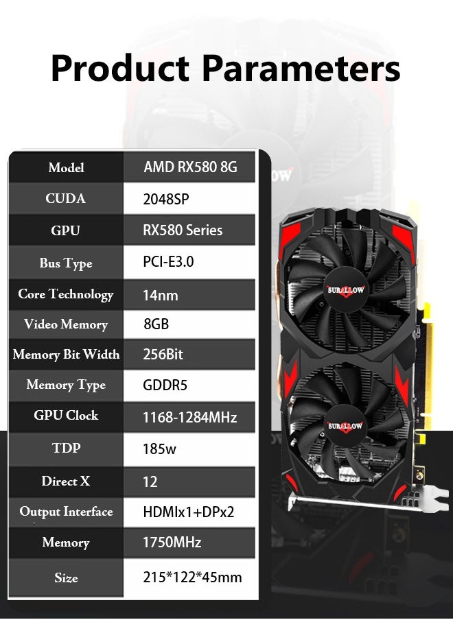 SURALLOW - SURALLOW Radeon RX 580 Graphics Card, 2048SP, Real 8GB, GDDR5, 256 Bit, Pc Gaming Video Card, 2XDP, HDMI, PCI Express 3.0 with Freeze Fan Stop for Desktop Computer Gaming Gpu - Image 1