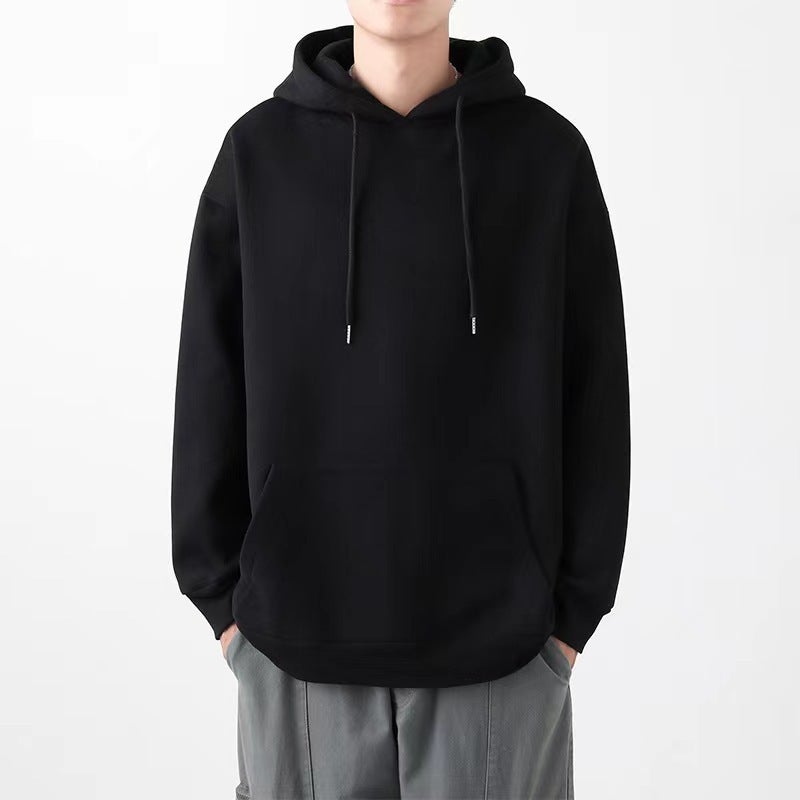 سويت شيرت هودي للرجال بأسلوب هونغ كونغ لفصل الخريف والشتاء، سميك ومريح، بلون موحد يناسب جميع الأزياء، هودي أبيض - Image 2