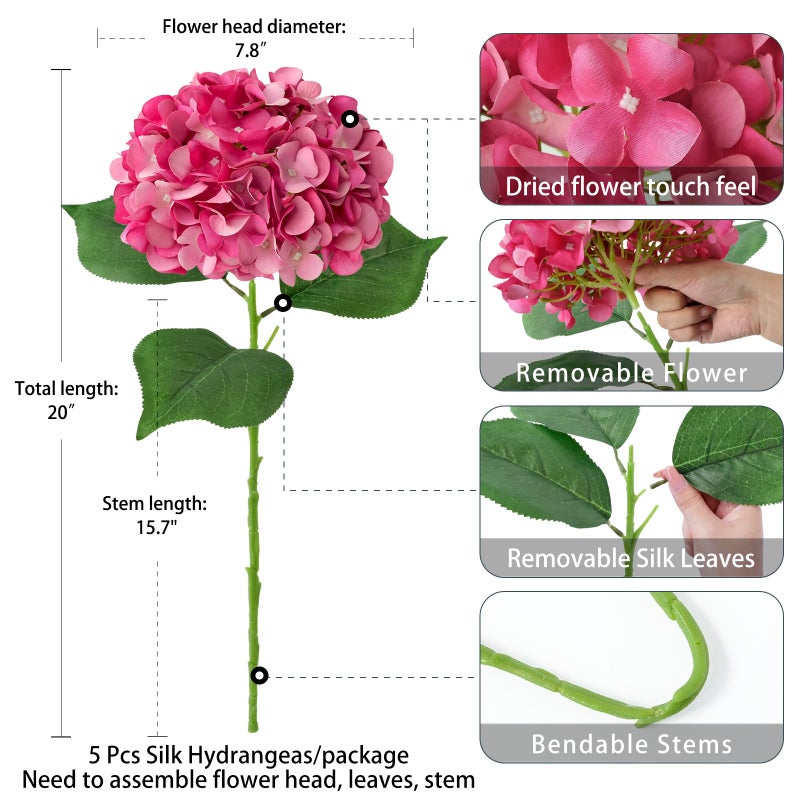 ZYTUYO 5 Pcs Magenta Silk Hydrangeas Artificial Flower Boho Dried Touch 20'' Faux Hydrangeas for Fall Home Decor Kitchen Living Room Porch Wreath Xmas Wedding Flower Arrangement - Image 4