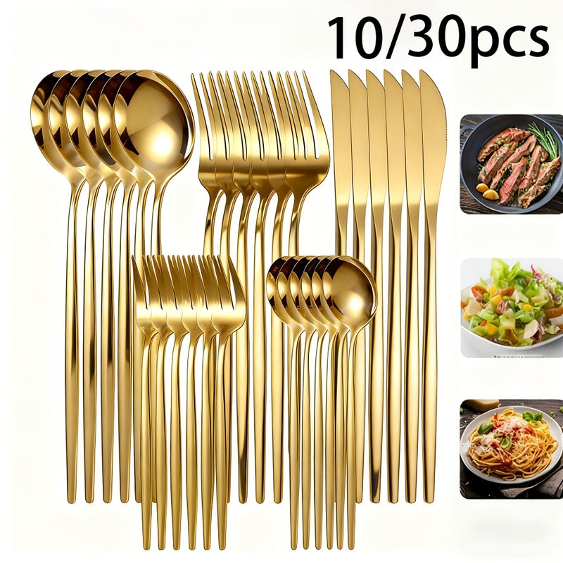 10 30 Pcs Golden Stainless Steel Cutlery Set Elegant Tableware Knife Fork Spoon Dessert Fork And Spoon Mirror Polished Dishwasher Safe Suitable For Hotels Cafeterias Wedding Banquets Best Gift Choice Christmas Halloween - Image 1